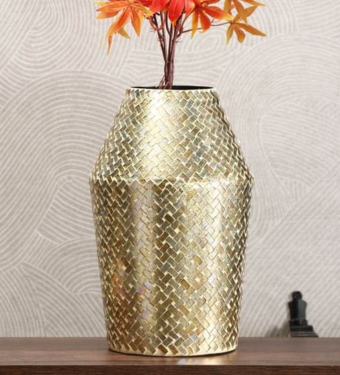 Buy Gold Mosaic Rectangular Stout Large Glass Metal Vase By