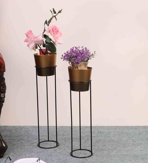Set Of 2 Gold Metal Floor Planters