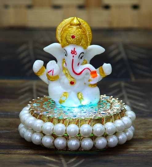 Gold Metal Lord Ganesha Idol on Decorative Handcrafted Plate by eCraftIndia