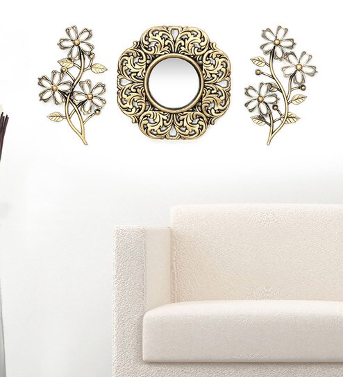 Buy Gold Plastic Blossom Combo Wall Decor With Mirror Set Of 3
