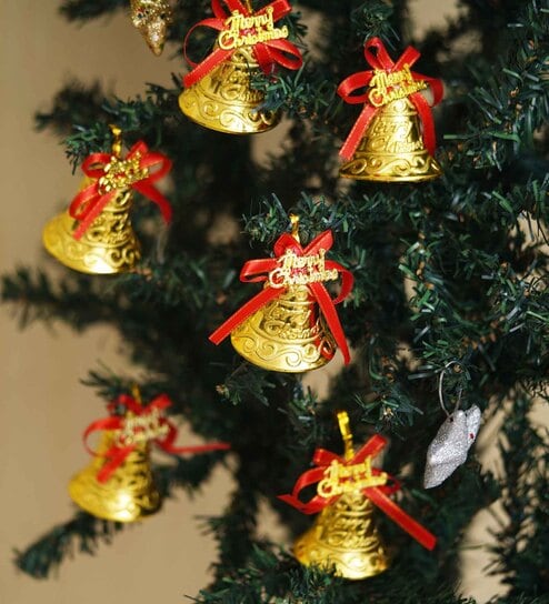 Golden Plastic (Set of 6) Christmas Bells With Red Ribbon Decorative Hanging Ornaments