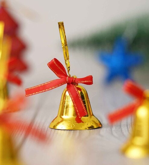 Golden Plastic Christmas Jingle Bells With Red Ribbon
