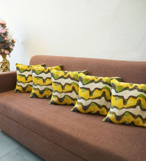 Gold Polyester Abstract 16x16 inches Cushion Covers Set of 5