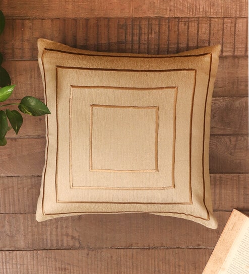 Gold Polyester Blend Geometric 16x16 inches Cushion Cover