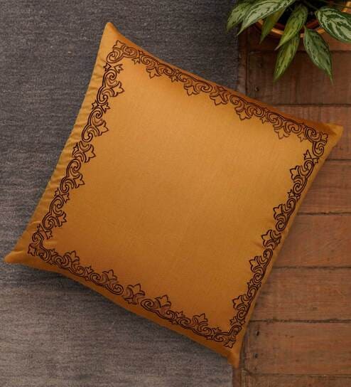 Gold Traditional Polyester Blend 16 x 16 Inch Cushion Cover by Zeba