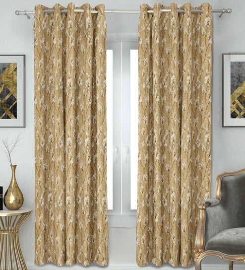 Gold Polyester Floral 7Ft Semisheer Eyelet Door Curtain (1 Pc)