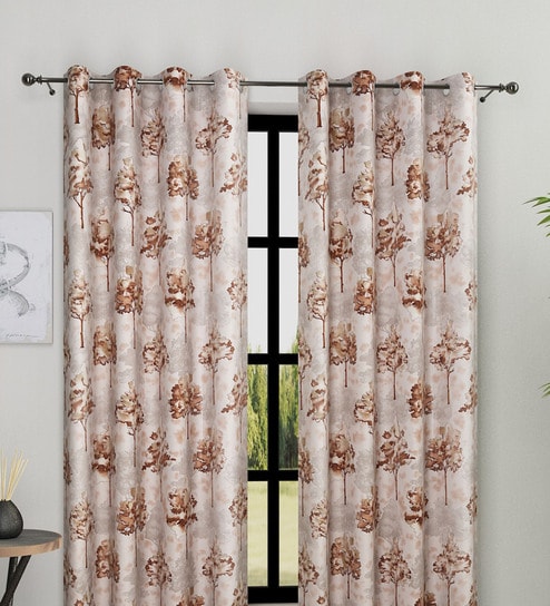 Gold Polyester Floral Light Filtering Eyelet 9 Feet Door Curtains (2 Pc)