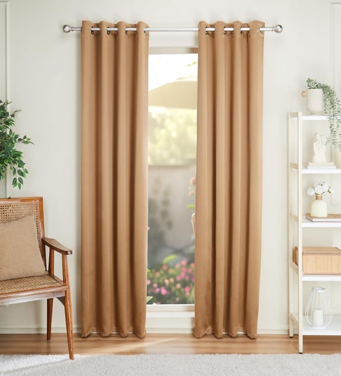 Gold Polyester Solid 7ft Blackout Eyelet Door Curtain (2 Pc)