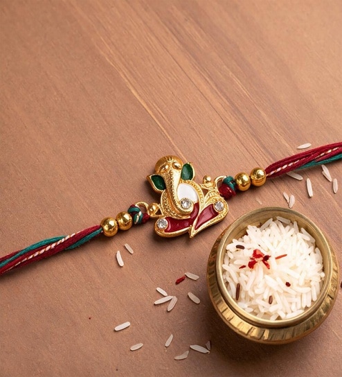 Gold Premium Ganesha Handmade Rakhi With Anchor Non-Bleeding Cotton Thread