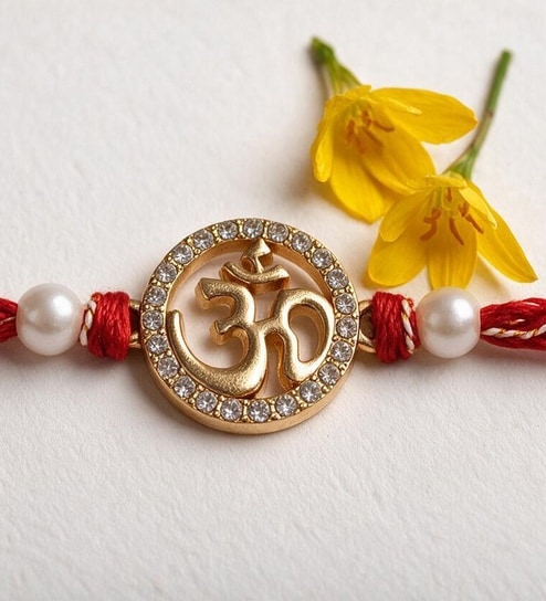 Gold Premium Om Handmade Rakhi With Anchor Non-Bleeding Cotton Thread