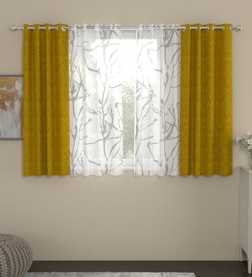 Gold Polyester Traditional 5ft Semisheer Eyelet 4 Pcs Window Curtains