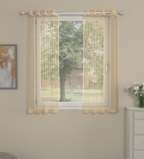 Gold Polyester Striped 5ft Sheer Eyelet 1 Pc Window Curtain