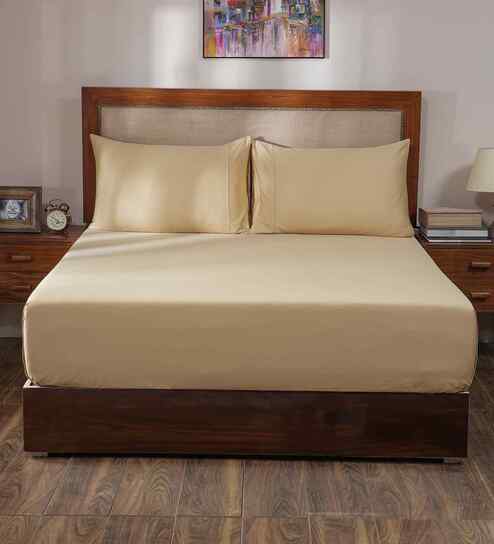 Gold Solid 400 TC Cotton King Size Bed Sheet with 2 Pillow Covers 23 Collection