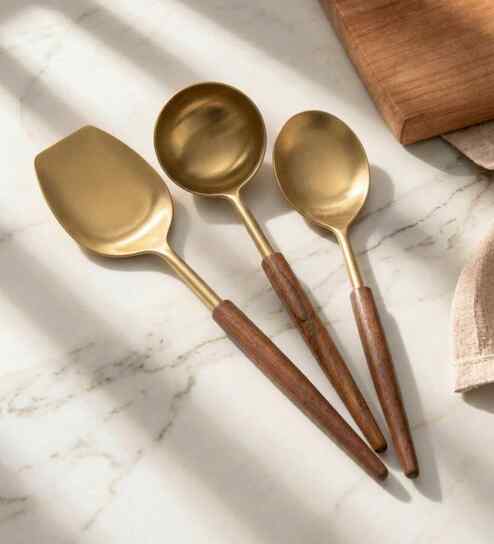 Gold Stainless Steel Serving Spoons With Wooden Handles Set Of 3