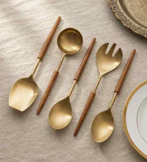 Gold Stainless Steel Serving Spoons With Wooden Handles Set Of 5