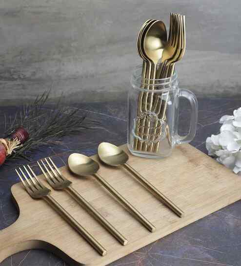 vareesha Gold Stainless Steel Spoons & Forks Cutlery Set Of 12-picture-26