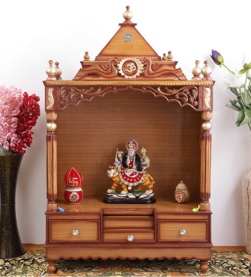 Gold Teak Wood Floor Rested Mandir Without Door