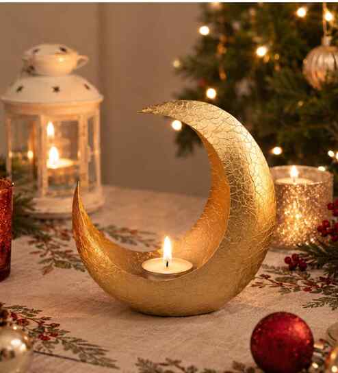 Gold Texture Metal Moon Shape Tea light holder for festive session