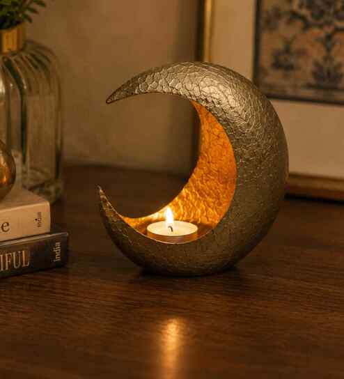 Gold Texture Metal Moon Tealight Holder, Celestial Candle Holder for Home & Festive D cor (Iron, Gold)
