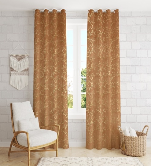 Gold Velvet Tree Branch  9 Foot Ring Top Door Curtains Set Of 2