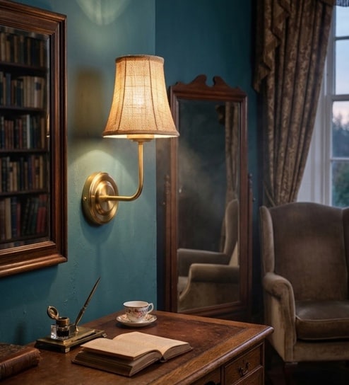 Gold Wall Mounted Lamp with Beige Jute Shade, Hallway & Home Interiors