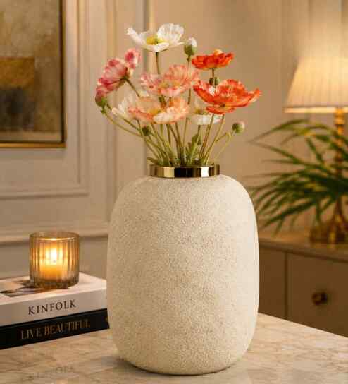 Gold White Grainy Tall Rounded Cylinder Vase For HomeDecor