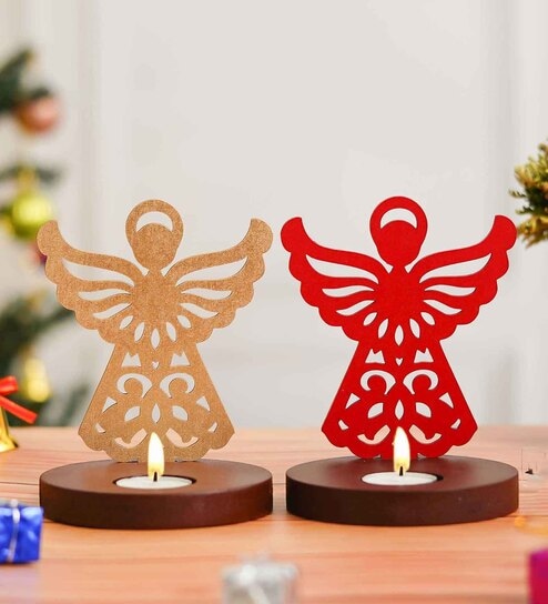 Gold Wood Tea Light Candle Holder (Set of 2)