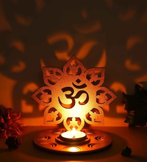 Gold Wood Wooden Om Shadow Decorative Tea Light Candle Holder Diya Stand