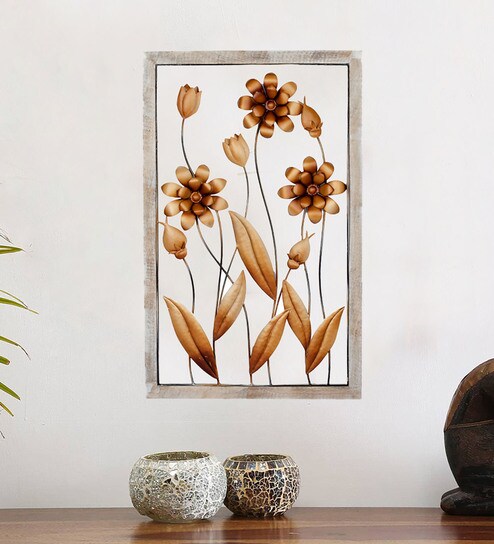Buy Gold Metal Flower Wall Decor With Rectangle Frame By Global