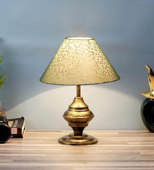 Golden & Beige Fabric Shade Table Lamp With Antique Base By Foziq