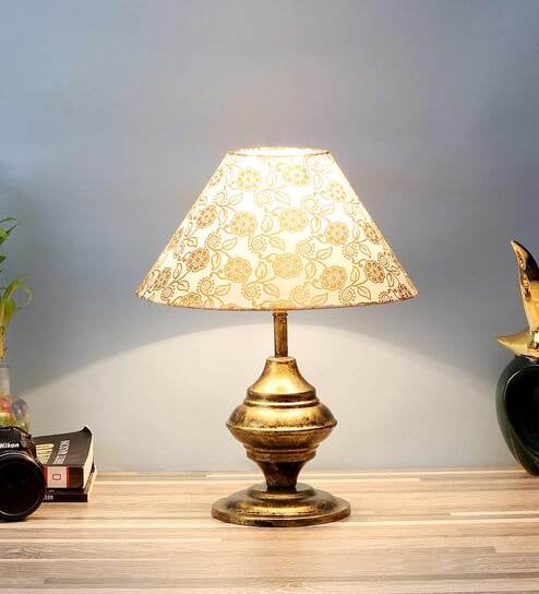 Golden & Beige Fabric Shade Table Lamp With Antique Base By Foziq