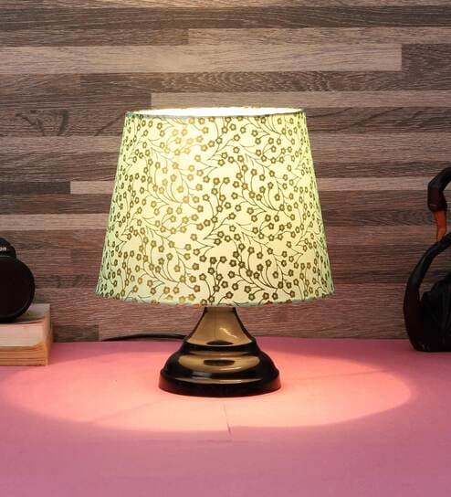 Golden & Beige Fabric Shade Table Lamp With Black Base By Foziq