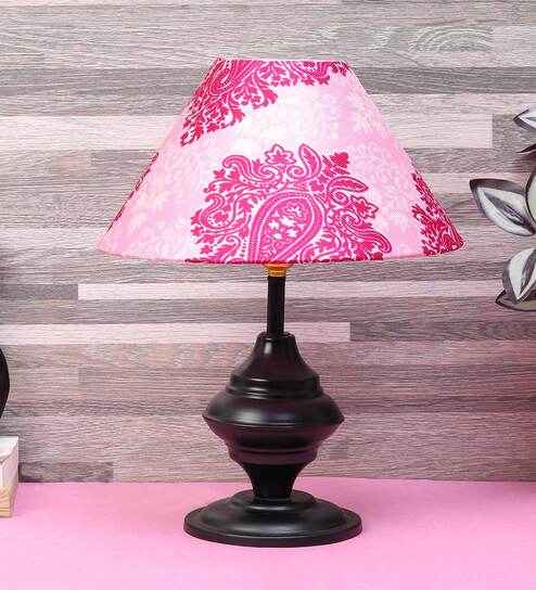 Golden & Beige Fabric Shade Table Lamp With Black Base By Foziq
