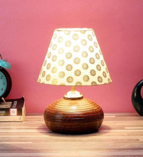 Golden & Beige Fabric Shade Table Lamp With Brown Base By Foziq