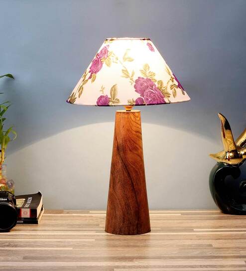 Golden & Beige Fabric Shade Table Lamp With Brown Base By Foziq