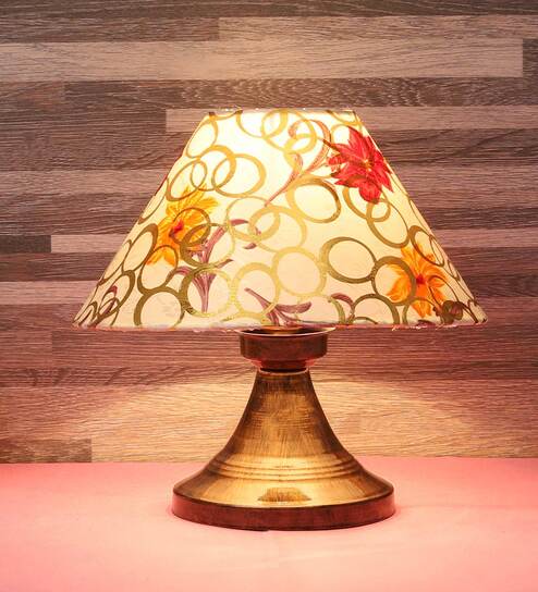 Golden & Beige Fabric Shade Table Lamp With Copper Base By Foziq