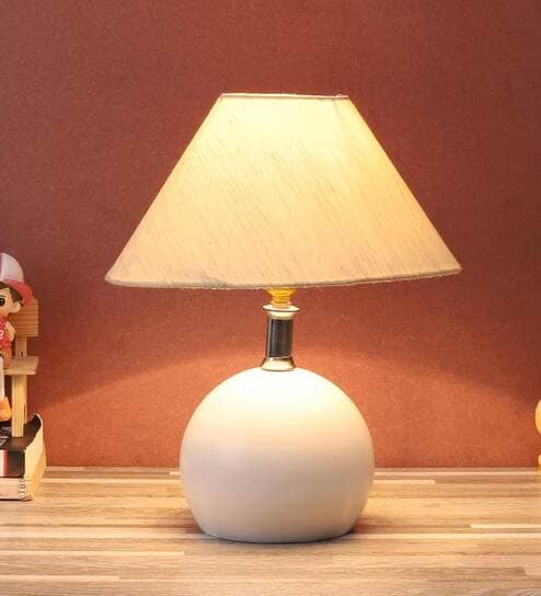 Golden & Beige Fabric Shade Table Lamp With White Base By Foziq