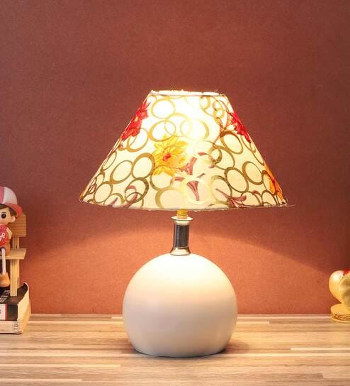 Golden & Beige Fabric Shade Table Lamp With White Base By Foziq