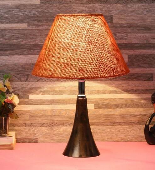 Golden & Beige Natural Fiber Shade Table Lamp With Copper Base By Foziq