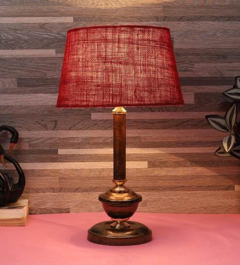 Golden & Beige Natural Fiber Shade Table Lamp With Copper Base By Foziq