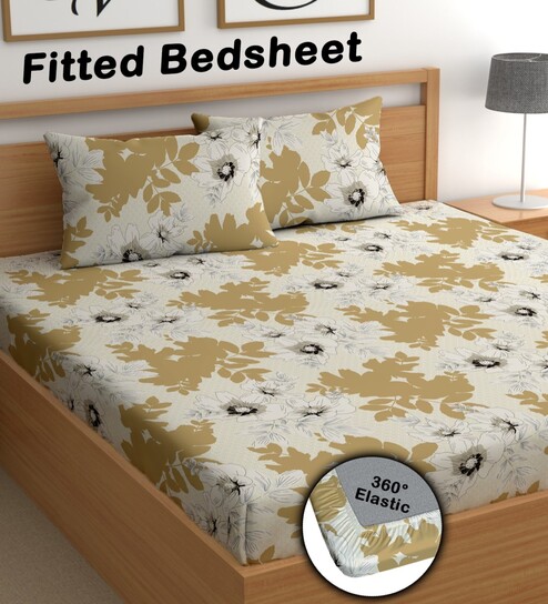 Golden 200 TC Floral Cotton Fitted Double Bedsheet 2 Pillow covers
