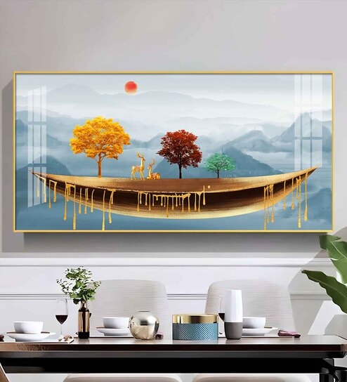 Golden Abstract Landscape Art Colored Line Tree Glass Finish Horizontal Wall Art