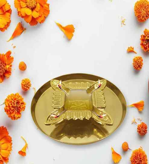 Golden Aluminium Diya With Plate
