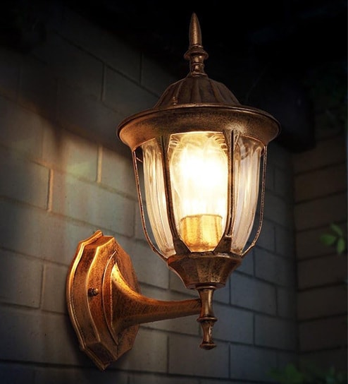 Golden Antique Aluminium Die Cast Outdoor Wall Light with Glass Panels Brass Finish