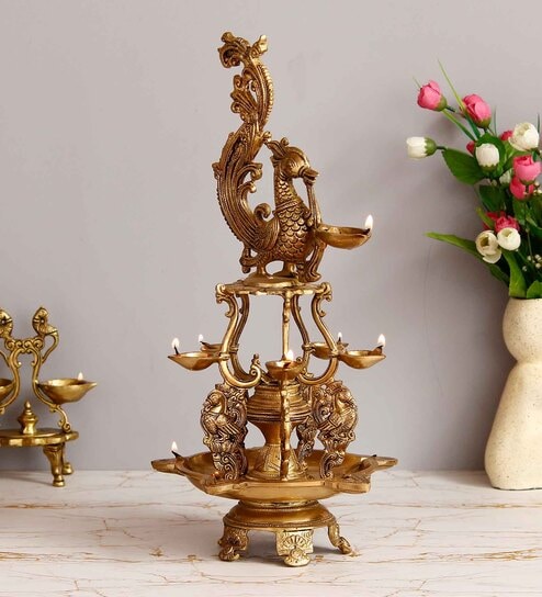 Golden Antique Finish Decorative Handcrafted Brass Peacock Showpiece Diya With Stand By Ecraftindia