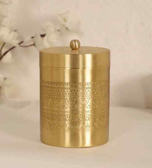 750ML Golden Aura Handmade Large Brass Jar With Lid For Spices, Sugar & Tea