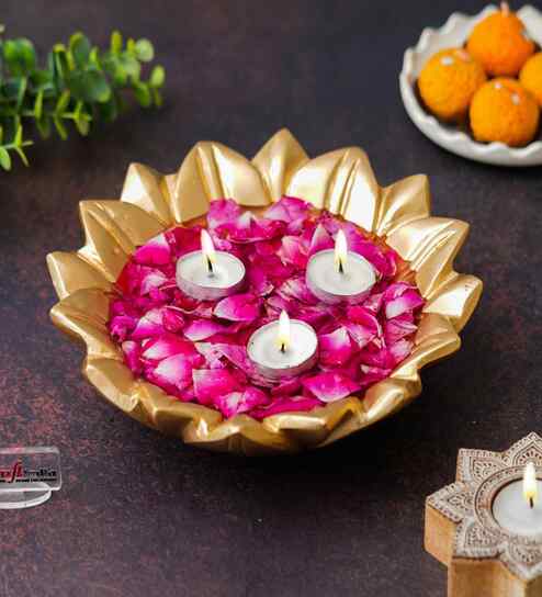 Golden Beautiful Decorative Lotus Urli Bowl for Home Decor|Urli Set for Decoration Floating Flowers Tea Light Candle Holder|Diwali Decoration Items Gifts for Family and Friends