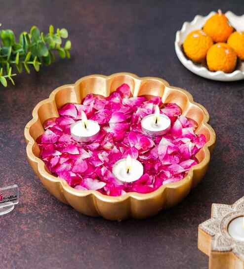 Golden Beautiful Flower Urli Bowl for Home Decor|Urli Set for Decoration Floating Flowers & Tea Light Candle Holder|Diwali Decoration Items Gifts for Family and Friends