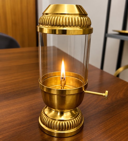 Golden Brass Akhand Deep Diya with Glass Cover and Side Wick Lever