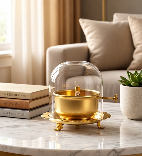 Golden Brass Akhand Jyoti Diya with Glass Dome, 4 Inch, 75 ml Oil Capacity
